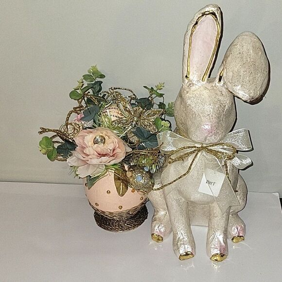 PIER1 EASTER IVORY CAPIZ FLORAL BUTTERFLY EGG GLAMOUR BUNNY CENTERPIECE PIER One - Picture 1 of 14